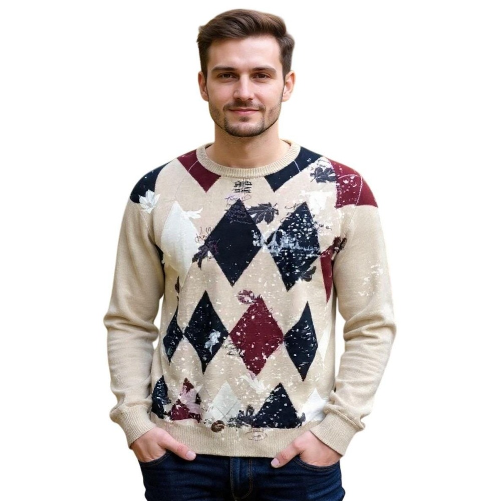 RETRO Argyle Patchwork Sweater 2XL Oversized Embroidered Jumper Indigo Red NWOT